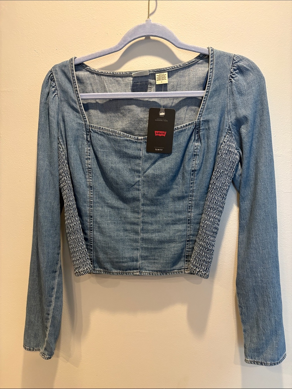 Levi's Light Blue Denim Square Neck Long Sleeve Top with Smocked Sides